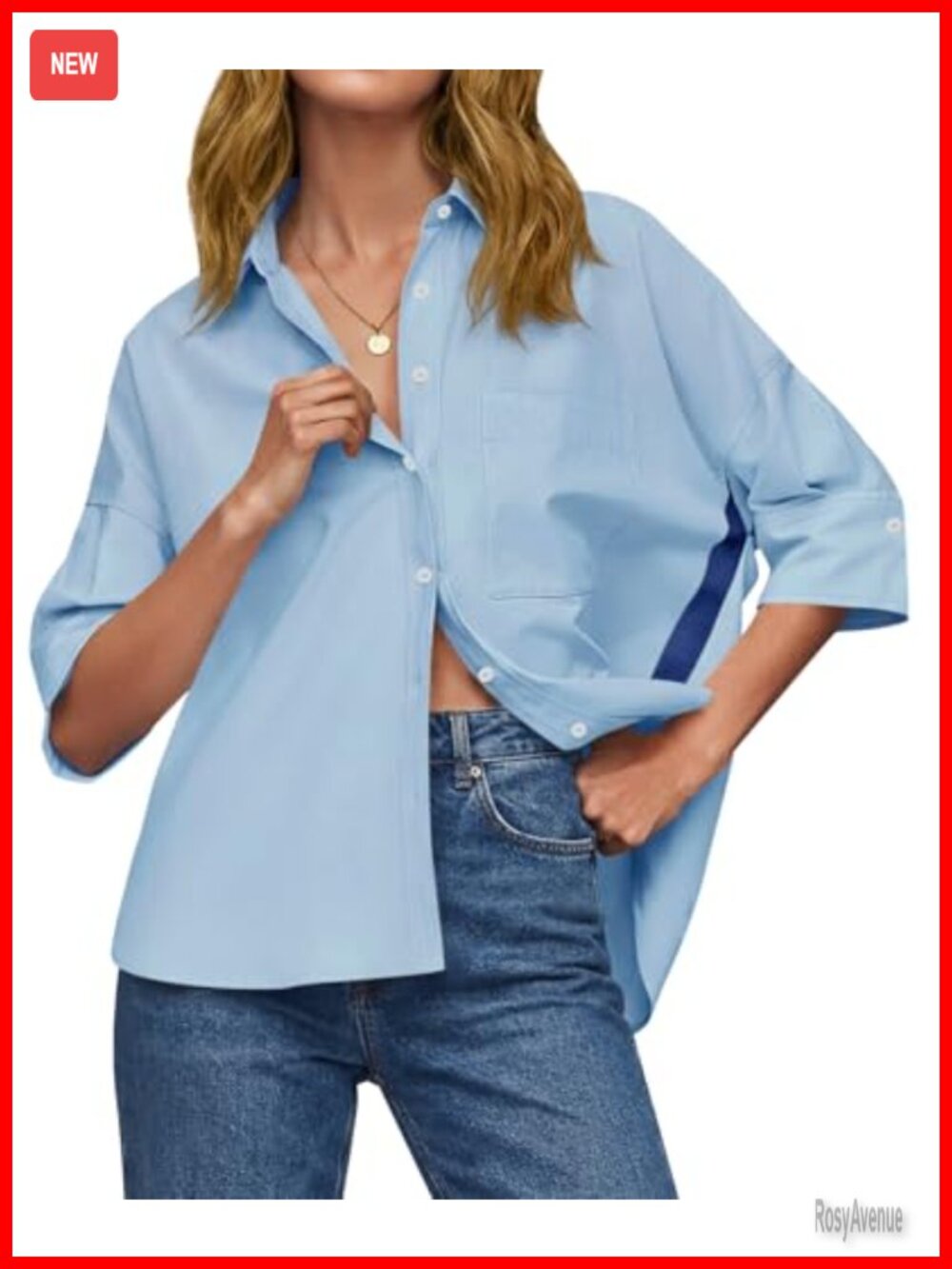Oversized Button Down Shirt Half Sleeve V-Neck Blouse with Pockets